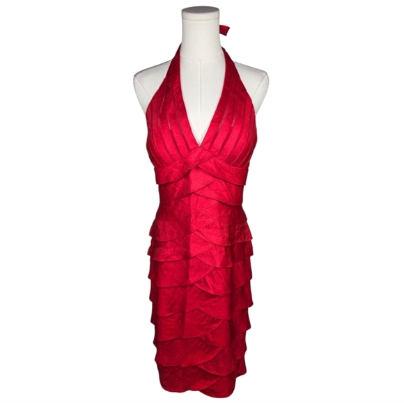 Cache Red Satin Halter Tiered Cocktail Dress NWT Size 8 Y2K Vintage Glam - Picture 1 of 11